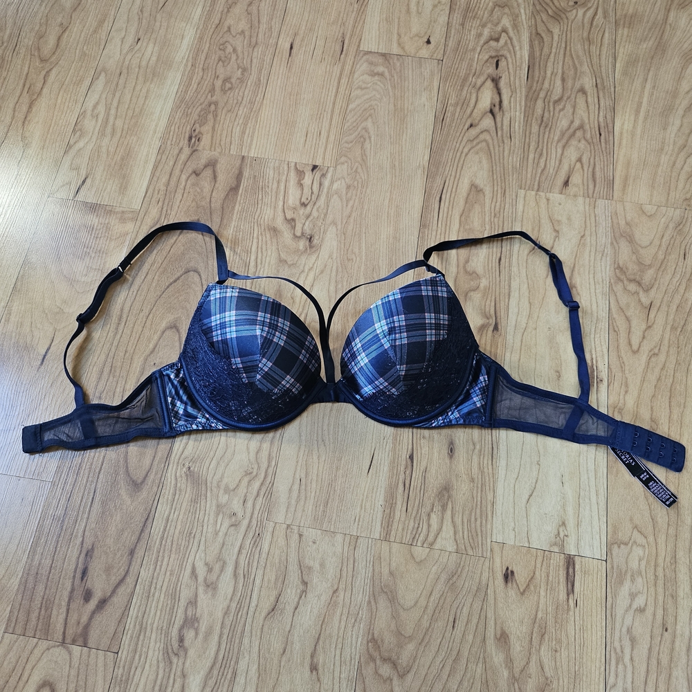 VS Strappy Blue Plaid And Lace Bra